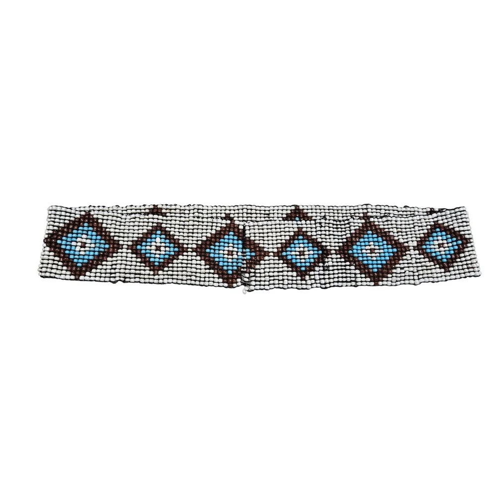 Handmade Beaded Belt White Blue Brown Diamond Boho Southwestern 15